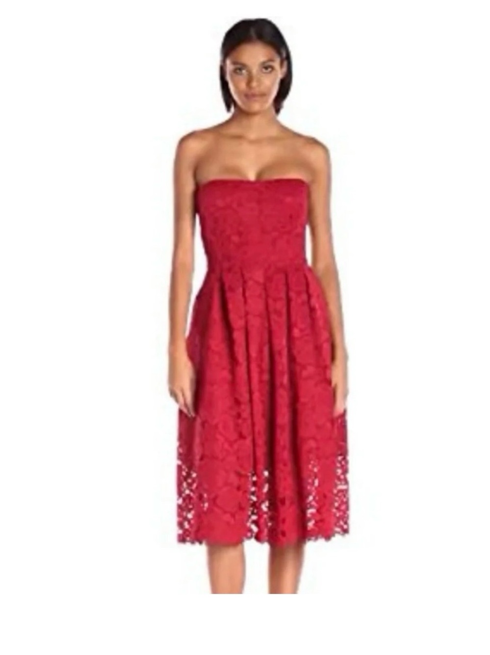Vera Wang Strapless Red Lace Tea-Length Dress